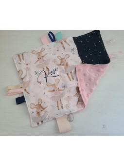 Doudou étiquettes petites souris et double gaze marine personnalisé tout doux